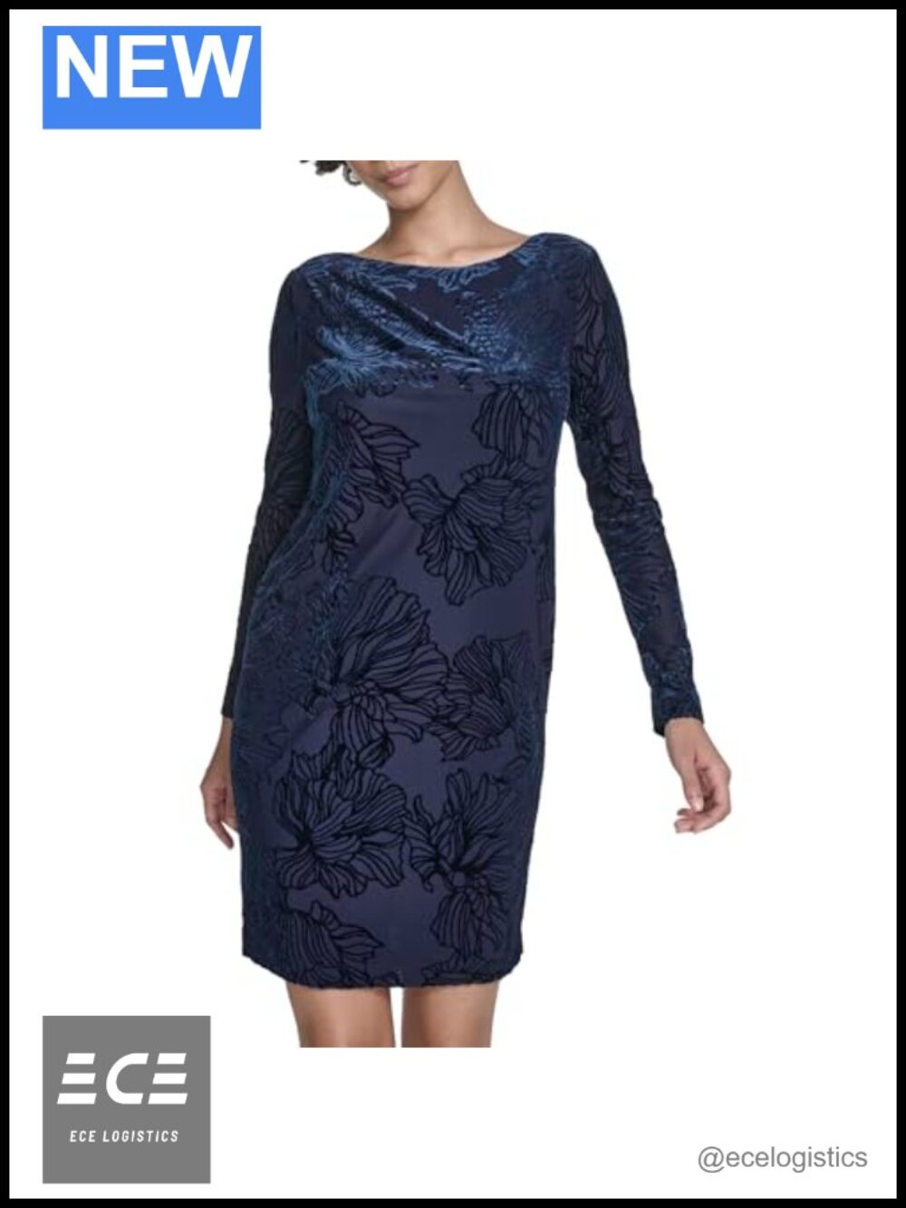 Calvin Klein Velvet Mini Shift Dress Boat Neck Long Sleeve